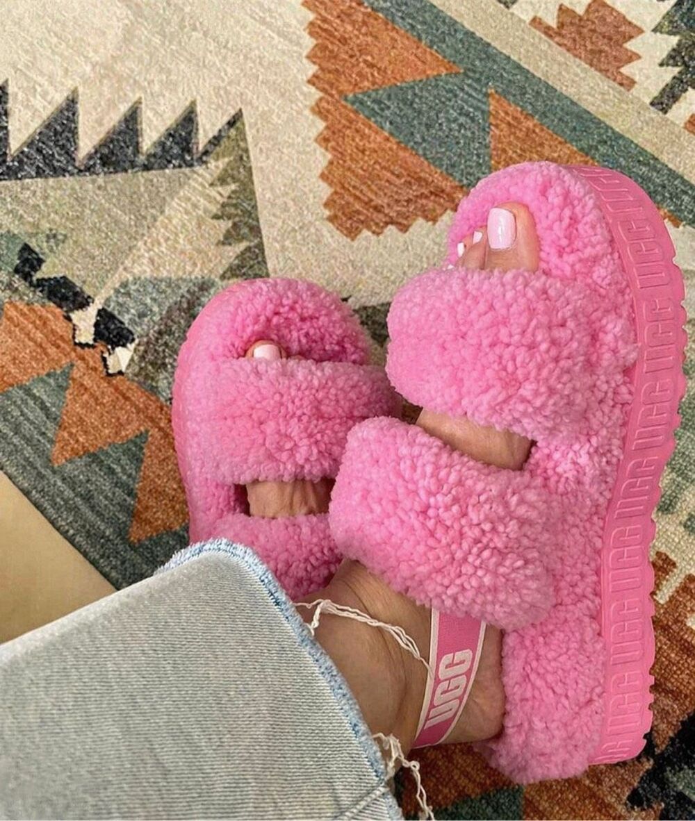 UGG Fluffita Fluff Yeah Pink Cozy Platform Slippers Shearling Slingback Sandal S